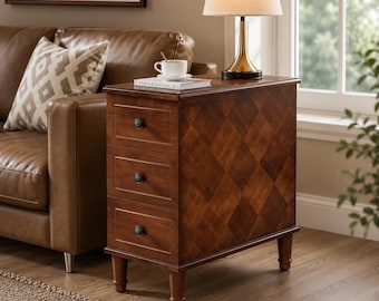 Tavolino stretto in legno massello con cassetto, ideale per piccoli spazi, colore marrone.