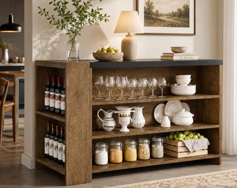 Farmhouse Kitchen Island Table Storage Cabinet Coffee Bar with Five Tier Shelves