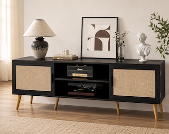 Boho Rattan TV Stand Entertainment Center with Cabinets and Storage Shelves