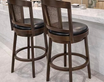 Set of 2 Swivel Bar Stools, Mid Century Wood Counter Chairs, Faux Leather Seat