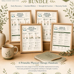 May include: A bundle of four printable physical therapy handouts for reverse total shoulder arthroplasty recovery, featuring exercise guides, recovery tips, and instructional diagrams in wooden frames, alongside a mug and a notebook.