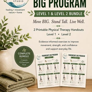 Könnte beinhalten: Bild eines kompletten Bundles für das Parkinson's Big Program, einschließlich zwei Levels mit insgesamt 12 Übungen. Das Bild zeigt zwei ausdruckbare Physiotherapie-Handouts, Level 1 und Level 2, mit dem Text "Move BIG. Stand Tall. Live Well."