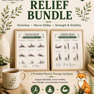 Könnte beinhalten: Ein Sciatica Relief Bundle mit zwei gerahmten, ausdruckbaren Physiotherapie-Handouts für Dehnübungen, Nervengleiten sowie Kraft- und Stabilitätsübungen. Das Design zeigt grünen Text, botanische Illustrationen und eine Fuchs-Grafik.