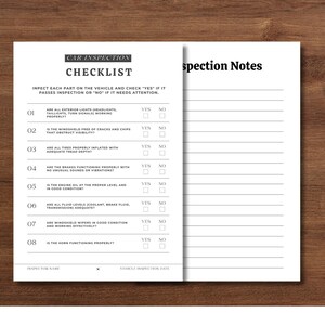 May include: A car inspection checklist and notes page with a silver wrench on a wooden surface. The checklist includes sections for lights, windshield, tires, brakes, engine oil, fluid levels, windshield wipers, and horn.