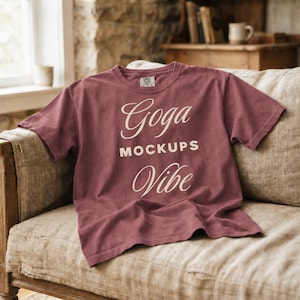 Può includere: Una t-shirt a maniche corte con girocollo in un colore rosa polvere spento. Il centro della maglietta presenta una scritta bianca che recita Goga MOCKUPS Vibe, con le parole Goga e Vibe in carattere corsivo e MOCKUPS in carattere sans-serif.