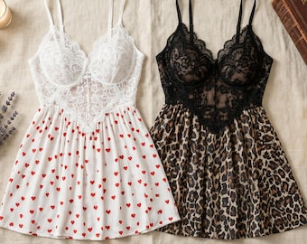 Nachthemd met hartprint, grote maten kanten babydoll-lingerie, bruidslingerieset, nachtjapon huwelijksreis, valentijnsnachtkleding, romantisch cadeau voor haar