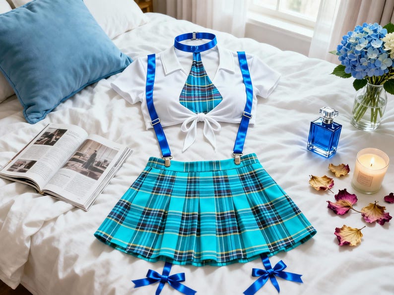Op de afbeelding: Een wit kortemouwen crop-top met kraag en strikdetail aan de voorzijde, gecombineerd met een turquoise en blauwe geruite plooirok. De set bevat een bijpassende geruite stropdas met blauwe kraag, blauwe bretels en twee blauwe strikjes aan de zoom.