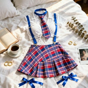 Op de afbeelding: Een witte, kortmouwige crop top met kraag en trekkoord, een rood, blauw en wit geruite plooirok met blauwe bretels, een bijpassende stropdas, een blauwe choker en twee losse blauwe lintstrikken voor om de benen.