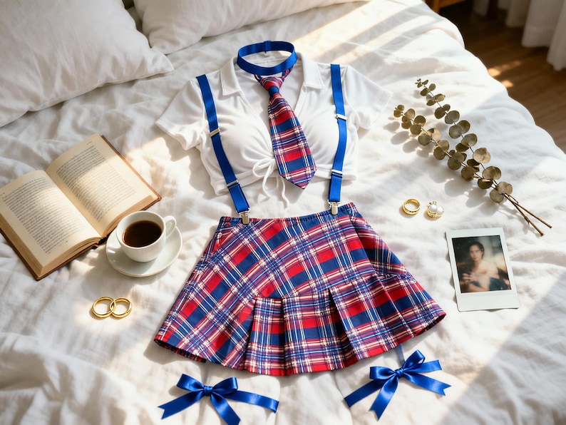 Op de afbeelding: Een witte, kortmouwige crop top met kraag en trekkoord, een rood, blauw en wit geruite plooirok met blauwe bretels, een bijpassende stropdas, een blauwe choker en twee losse blauwe lintstrikken voor om de benen.
