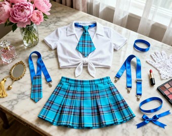 Personalized Schoolgirl Lingerie Set, Plaid Suspender Skirt Outfit, Bachelorette Outfit, Flirty Roleplay Lingerie, Honeymoon Gift for Her