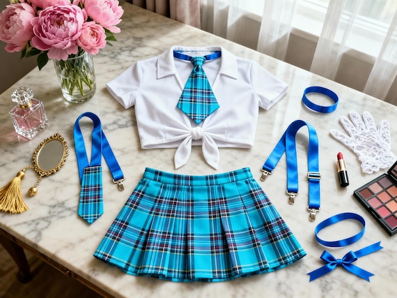 Personalized Schoolgirl Lingerie Set, Plaid Suspender Skirt Outfit, Bachelorette Outfit, Flirty Roleplay Lingerie, Honeymoon Gift for Her