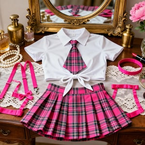 Op de afbeelding: Een wit kortemouwen crop-top met kraag en strikdetail aan de voorzijde, gecombineerd met een bijpassende roze en zwart geruite stropdas en een geplooide roze en zwart geruite minirok. De set bevat felroze bretels en een bijpassende choker.