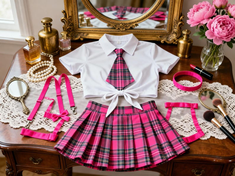 Op de afbeelding: Een wit kortemouwen crop-top met kraag en strikdetail aan de voorzijde, gecombineerd met een bijpassende roze en zwart geruite stropdas en een geplooide roze en zwart geruite minirok. De set bevat felroze bretels en een bijpassende choker.