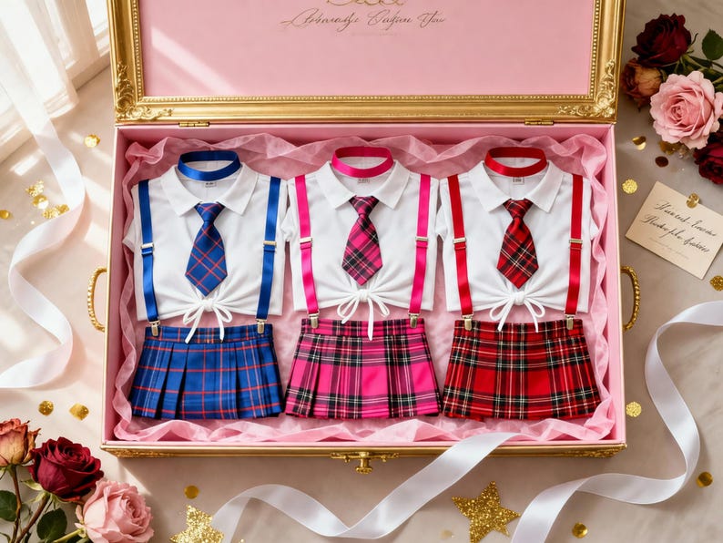 Op de afbeelding: Drie sets bestaande uit witte overhemden met kraag, stropdassen en geplooide geruite rokken in blauw, roze en rood, elk voorzien van bijpassende bretels en een choker, gepresenteerd in een grote, goudkleurige roze geschenkdoos met vloeipapier.