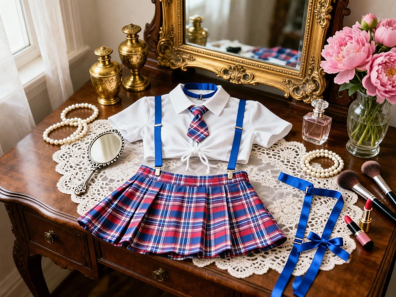 Op de afbeelding: Een wit kort shirt met korte mouwen, kraag en strikdetail aan de voorzijde, gecombineerd met een rood, blauw en wit geruite plooirok. De set bevat blauwe bretels, een bijpassende geruite stropdas en een blauwe choker met zilverkleurige gesp.
