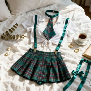 Op de afbeelding: Een wit shirt met korte mouwen, een kraag en een knoopdetail aan de voorzijde, een groene geplooide rok met ruitpatroon en bretels, een bijpassende groene das met choker en een apart groen lint met een strik.