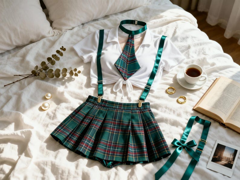 Op de afbeelding: Een wit shirt met korte mouwen, een kraag en een knoopdetail aan de voorzijde, een groene geplooide rok met ruitpatroon en bretels, een bijpassende groene das met choker en een apart groen lint met een strik.