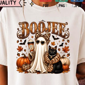 Boujee Ghost PNG, Coquette Halloween Ghost Cat, Leopard Bow Spooky Season Shirt Design, Digital Download