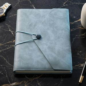 Distressed Vegan Leather Notebook, A5 Refillable Journal, Flap Closure Diary, Spiral Bound Note Book, Button Strap Writing Log