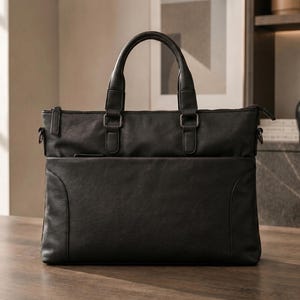 May include: A black rectangular briefcase featuring two top handles, a zippered main compartment, and a front exterior pocket. The bag has a smooth, matte finish with reinforced stitching along the sides and sturdy metal hardware attachments.