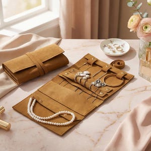 May include: A tan suede jewelry roll organizer featuring multiple interior compartments, snap button closures, and straps for securing necklaces, bracelets, and rings. One roll is shown folded and closed, while the other is open and filled with jewelry.