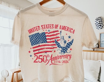 USA 250th Boxy Shirt, Comfort Colors® Patriotic 1776–2026 Shirt, Fourth of July Graphic Tee, America Birthday Shirt, Vintage Flag Crop Top