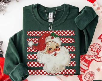 Retro Santa Sweatshirt, Vintage Red Stripe Polka Dot Santa Christmas Crewneck, Rustic Holiday Cozy Winter Shirt, Xmas Gifts