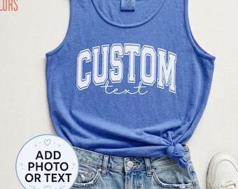 Camiseta sin mangas personalizada, camiseta sin mangas con texto personalizado, camiseta sin mangas con foto personalizada, camisetas universitarias Comfort Colors, camisetas sin mangas personalizadas para gimnasio, camisetas sin mangas con logotipo personalizado.