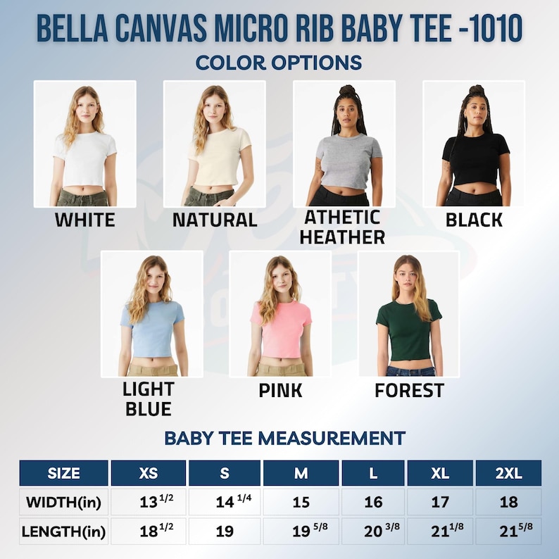 Pode incluir: Cartela de cores Bella Canvas Micro Rib Baby Tee 1010 com camisetas nas cores branca, natural, cinza mescla, preta, azul claro, rosa e verde floresta. Inclui uma tabela de medidas com larguras e comprimentos em polegadas para tamanhos XS a 2XL.