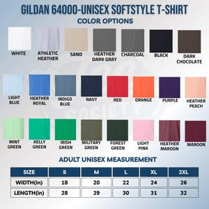 以下が含まれることがあります： Gildan 64000ユニセックスソフトスタイルTシャツのカラーチャート。白、ヘザー、サンド、チャコール、黒、青、赤、オレンジ、紫、ピーチ、緑、ピンク、マルーンなど21色の生地見本と、インチ単位のサイズ表が表示されています。