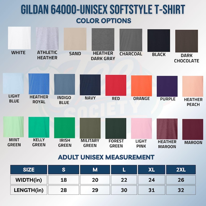 以下が含まれることがあります： Gildan 64000ユニセックスソフトスタイルTシャツのカラーチャート。白、ヘザー、サンド、チャコール、黒、青、赤、オレンジ、紫、ピーチ、緑、ピンク、マルーンなど21色の生地見本と、インチ単位のサイズ表が表示されています。