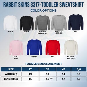 以下が含まれることがあります： Rabbit Skins 3317 幼児用スウェットシャツ。カラーはホワイト、ブラック、ヘザーダークグレー、アスレチックヘザー、ネイビー、ライトピンク、ロイヤル、レッド、ナチュラルヘザー。サイズ2Tから5/6までの幅と丈がインチ単位で記載された測定表付き。