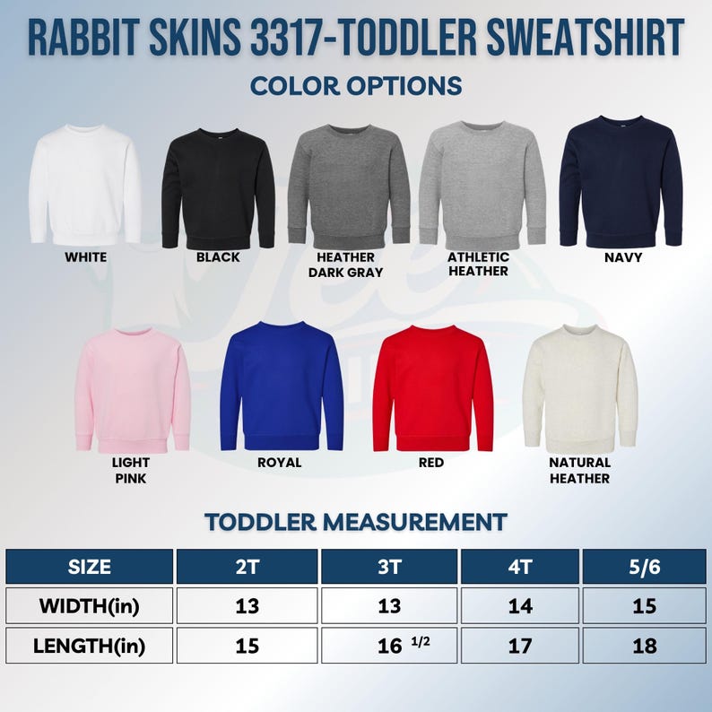 以下が含まれることがあります： Rabbit Skins 3317 幼児用スウェットシャツ。カラーはホワイト、ブラック、ヘザーダークグレー、アスレチックヘザー、ネイビー、ライトピンク、ロイヤル、レッド、ナチュラルヘザー。サイズ2Tから5/6までの幅と丈がインチ単位で記載された測定表付き。