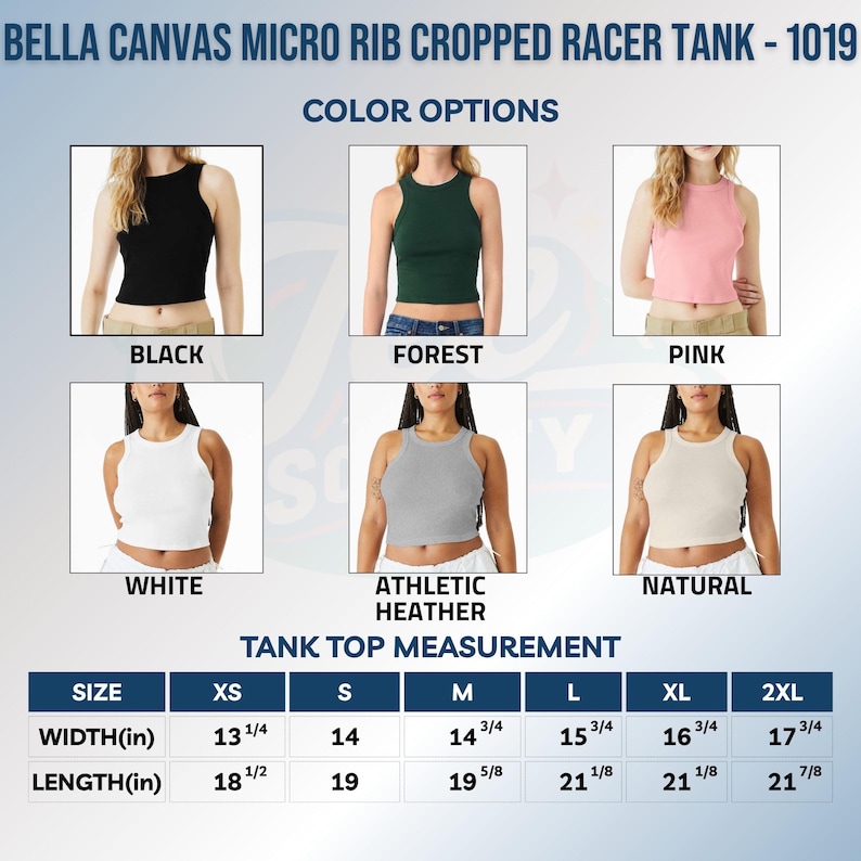 Pode incluir: Regata curta de costas nadador em micro-rib Bella Canvas 1019 nas cores preto, floresta, rosa, branco, cinza mescla e natural. Inclui uma tabela de tamanhos com medidas de largura e comprimento em polegadas para tamanhos XS a 2XL, de 13 1/4 a 17 3/4.