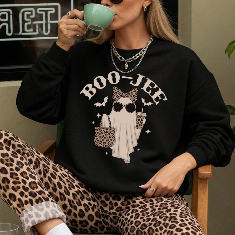 Boo-Jee Ghost Sweatshirt, Leopard Ghost Tee, Ghost Coffee Shirt, Funny Fall Shirt, Ghost Tee, Girly Halloween Gift, Boojee Shirt