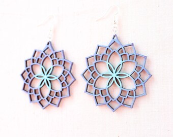Blue and lavender Lotus Wood earrings, Lotus Flower, Sterling silver hooks, lotus earrings, wooden, flower earrings, lightweight, handmade
