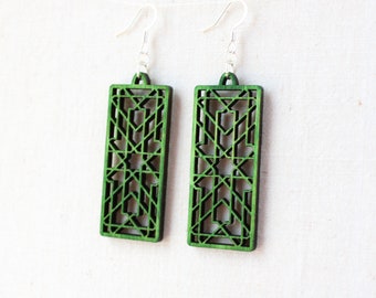 Stained Birch Wood Earrings, Long Geometric Dangle, Sterling Silver
