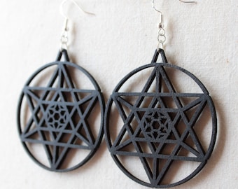 Black Wood Earrings with Sterling Silver Hooks: Sacred Geometry Pentagram Design