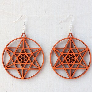 May include: A pair of wooden earrings with a geometric design. The earrings are orange-brown in colour and have a silver hook.
