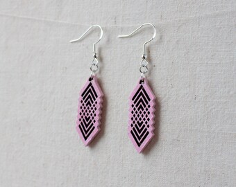 Pink chevron wooden earrings, Sterling Silver hooks, sparkly pink, lightweight, small, woman owned business