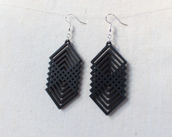 Large Black chevron wooden earrings, Sterling or Hypoallergenic Stainless hooks, hand painted, lightweight, statement