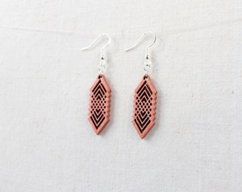 Wooden chevron earrings, Metallic orange, handmade jewelry