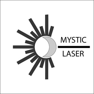 May include: A black and white logo featuring a stylised sun with rays and a crescent moon. The text "MYSTIC LASER" is positioned below the sun.