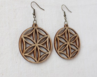 Seed of Life Wood Earrings, Sterling silver or hypoallergenic stainless steel hooks