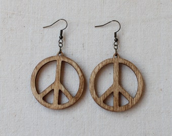 Peace Sign Earrings, natural wood earrings, lightweight earrings, handmade, gift for her, hippy jewelry, woman owned business