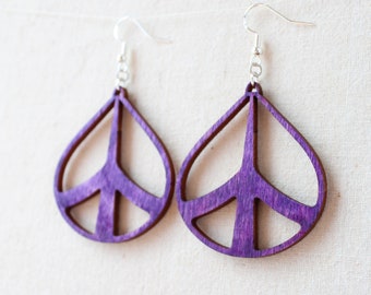 Peace Sign Earrings, Wood, lightweight, handmade, woman owned business