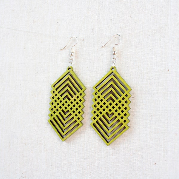 Large chartreuse wooden earrings, Sterling Silver hooks, hand painted, lightweight, statement