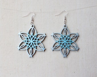 Snowflake Earrings, Dangle Earrings, Wood Earrings, Blue earrings, iridescent earrings, woman owned shop, handmade