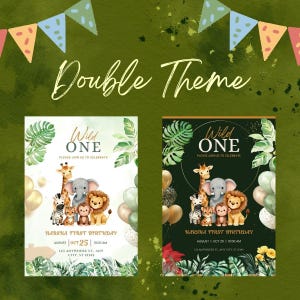 Könnte beinhalten: Zwei rechteckige Geburtstagseinladungskarten mit Aquarellillustrationen von einer Giraffe, einem Elefanten, einem Löwen, einem Affen und einem Zebra. Der Text lautet Wild ONE, Please join us to celebrate, Harsha First Birthday, 25. August, 10:00 Uhr.