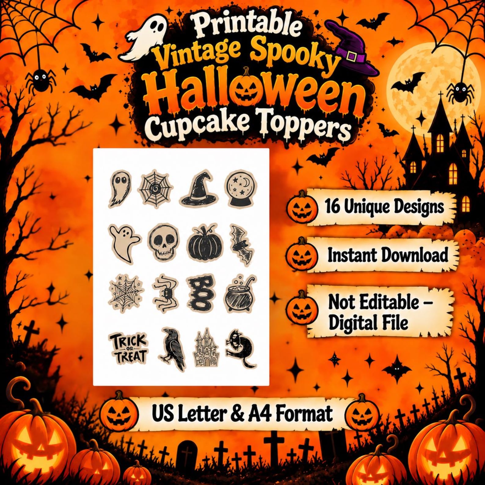 Sepia-Toned Vintage Illustrations Vintage Halloween printable topper preview with sixteen character designs and warm aged-paper styling.